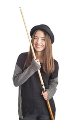Attractive young woman holding billiard cue