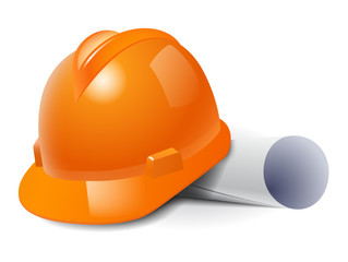 Orange safety hard hat and drawings. Vector illustration
