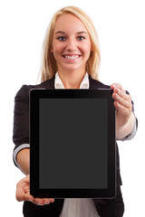 Young woman presenting tablet PC