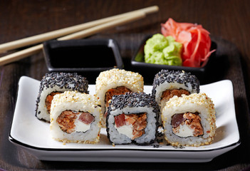 sushi with fried salmon and cream cheese