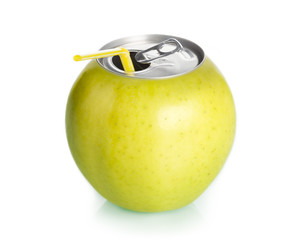 Apple can juice with straw, concept.