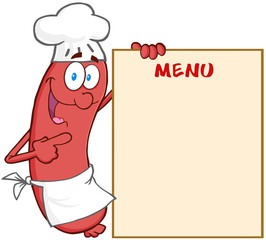 Happy Sausage Chef Cartoon Mascot Character Showing Menu