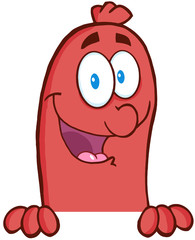 Happy Sausage Cartoon Character Over A Sign