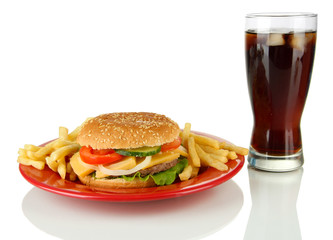 Tasty cheeseburger with fried potatoes and cold drink, isolated