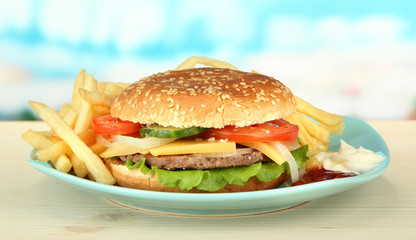 Tasty cheeseburger with fried potatoes, on bright background