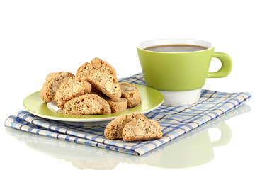 Aromatic cookies cantuccini and cup of coffee isolated on white