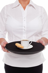 Waitress with Espresso coffee and Amaretti biscuits,