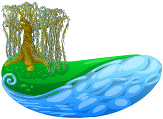 icon with willow tree on grass and river © Leda_d