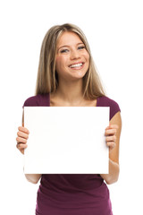 Big smile and blank signboard