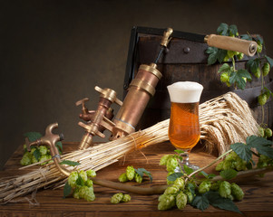 still life with beer and hops