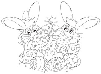 Bunnies, Easter cake and painted eggs