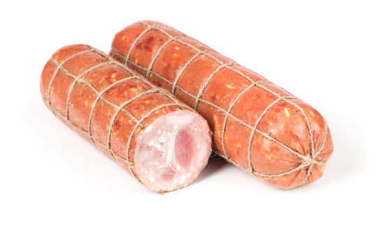 Smoked sausage, tied with thread