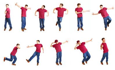 Collage with cool breakdancer isolated on white background