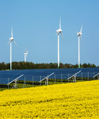 Windkrafträder und Solarmodule in einem Rapsfeld