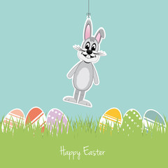 happy easter gray bunny colorful eggs grass