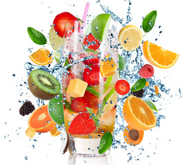 Fruit Cocktail with splashing liquid isolated on white - obrazy, fototapety, plakaty