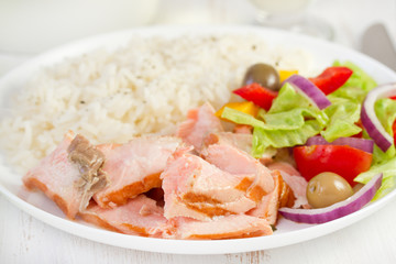 grilled salmon with boiled rice and fresh salad