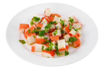 salad with seafood on the plate on white background