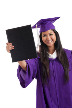 Mayalsian college graduate in cap and gown with diploma
