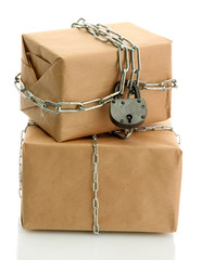 parcels with chains, isolated on white