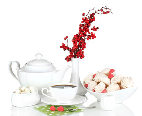 Beautiful white dinner service with an air meringues isolated