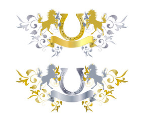 Reiteremblem in Gold und Silber mit Pferd, Hufeisen und Ornament