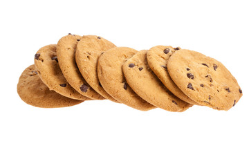 Row of chocolate chip cookes on white background