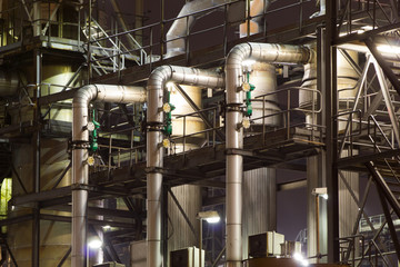 Close-up of industrial pipelines of an oil-refinery plant