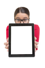 Surprised businesswoman showing digital tablet screen
