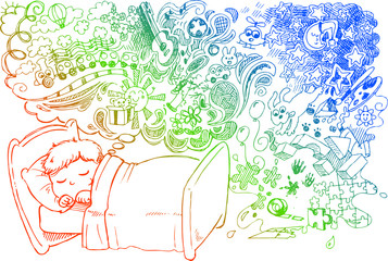 Child in bed dreaming of toys and funny things