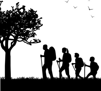 Hiking family with rucksacks in park in spring silhouette