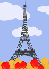 Naklejka na ściany i meble Eiffel tower with tulips
