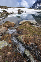 High mountain scenery with lake and snow