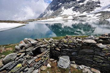 High mountain scenery with lake and snow