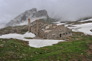 Rests of military barracks in mountain over the col du Mont Ceni