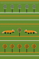 Knitted red pandas on green, vector