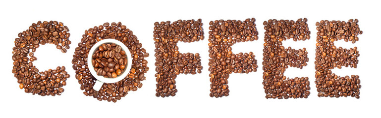 concept coffee word of coffee beans and cup