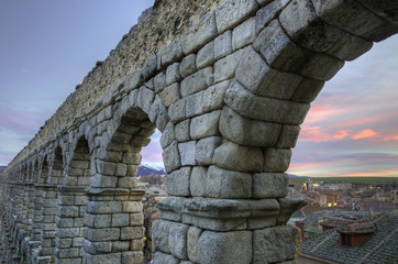 Segovia Aqueduct at dusk. Famous Spanish Landmark