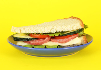 Sandwich on plate on yellow background