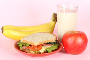 Sandwich on plate with fruit and milk on pink background