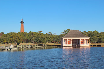 The Currituck Beach Lighthouse and boathouse near Corolla, North