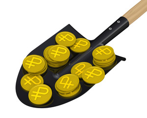 Монеты с символом российского рубля на лопате