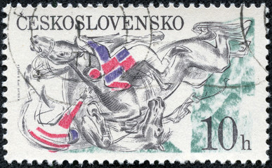 stamp shown Falling horses and jockeys at fence