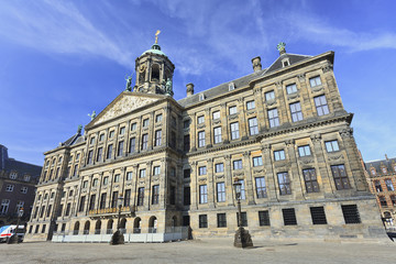 Fototapeta na wymiar Royal Palace at the Dam Square, Amsterdam. It was built as city hall during the Dutch Golden Age in the seventeenth century.