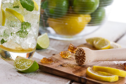 Closeup of ingredients for cold citrus drink