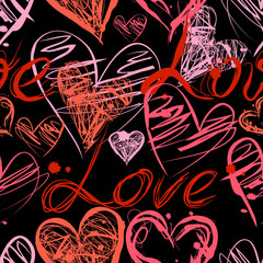 Grunge ink seamless pattern with hearts and calligraphy