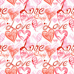Grunge ink splash seamless pattern with hearts and calligraphy