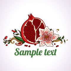 Illustration with pomegranate, leaves and flower