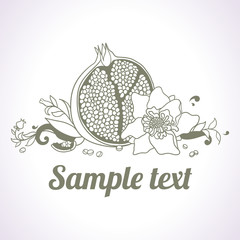 Illustration with pomegranate, leaves and flower