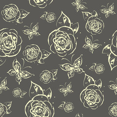 Grunge ink splash seamless pattern with roses and butterflies